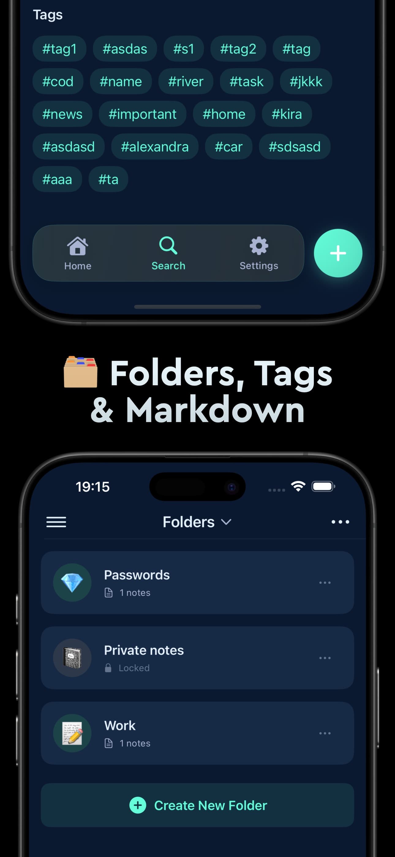 Folders, tags, and markdown support