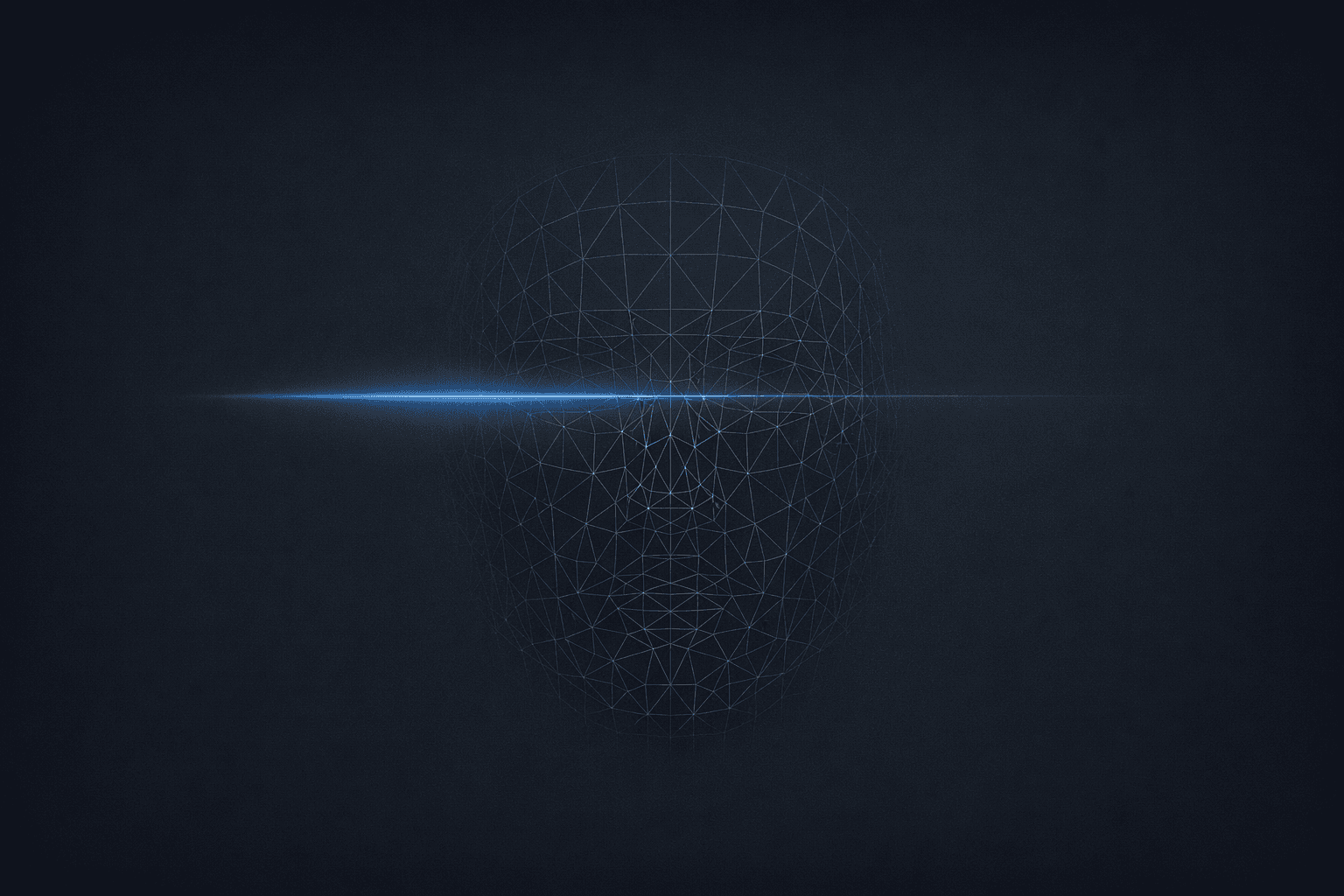 An abstract face-recognition wireframe with a soft blue scan line