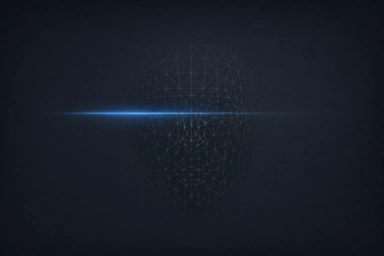 An abstract face-recognition wireframe with a soft blue scan line