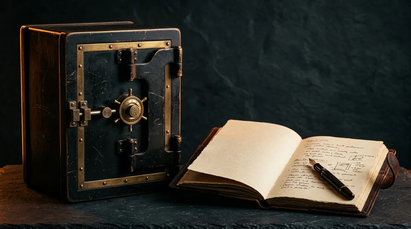 A locked vault next to an open notebook with a fountain pen — two different jobs
