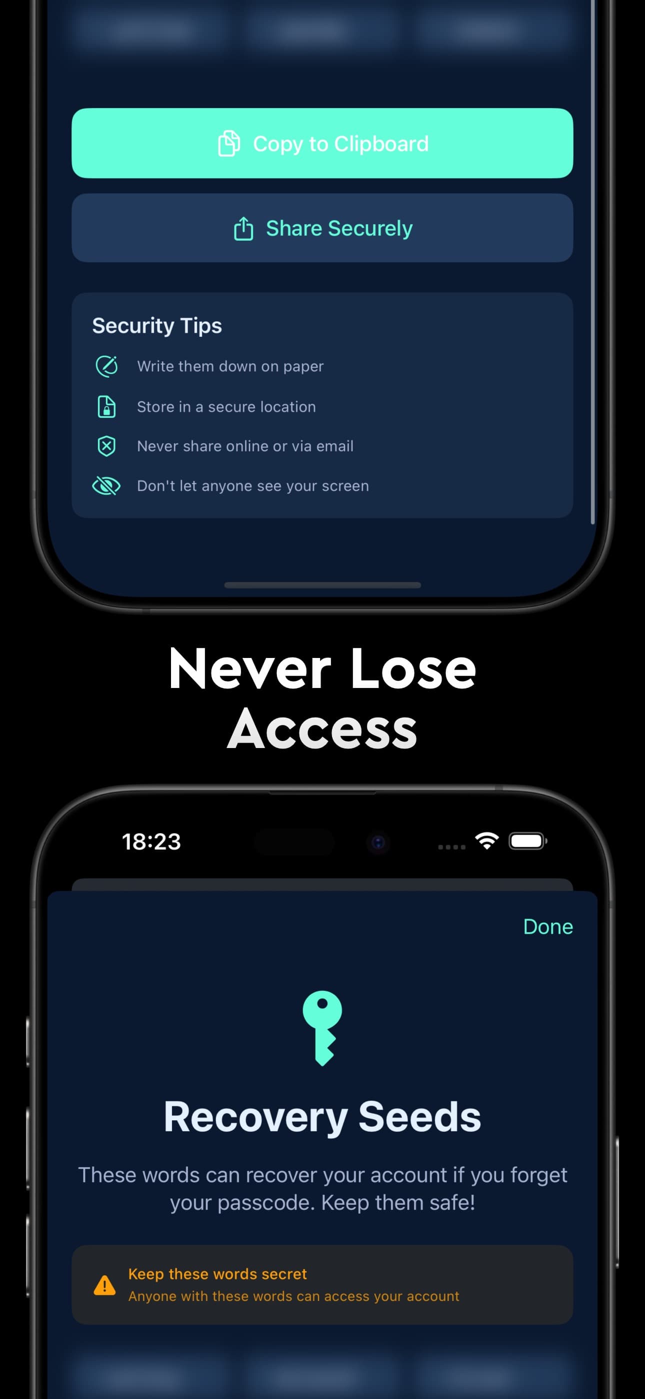 Secure Notes 12-word recovery seed screen