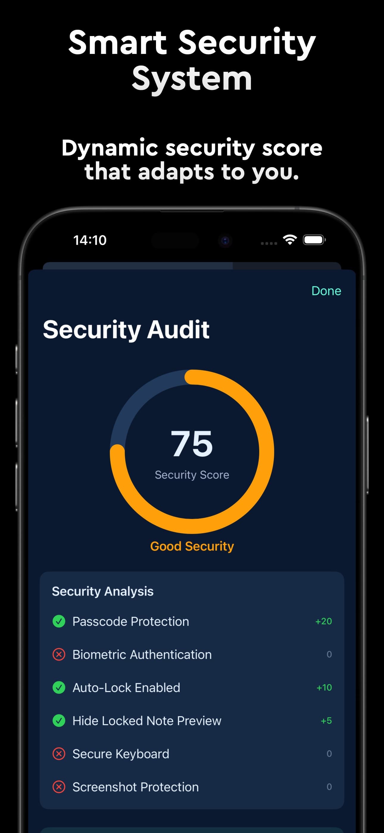 Secure Notes dynamic security score screen
