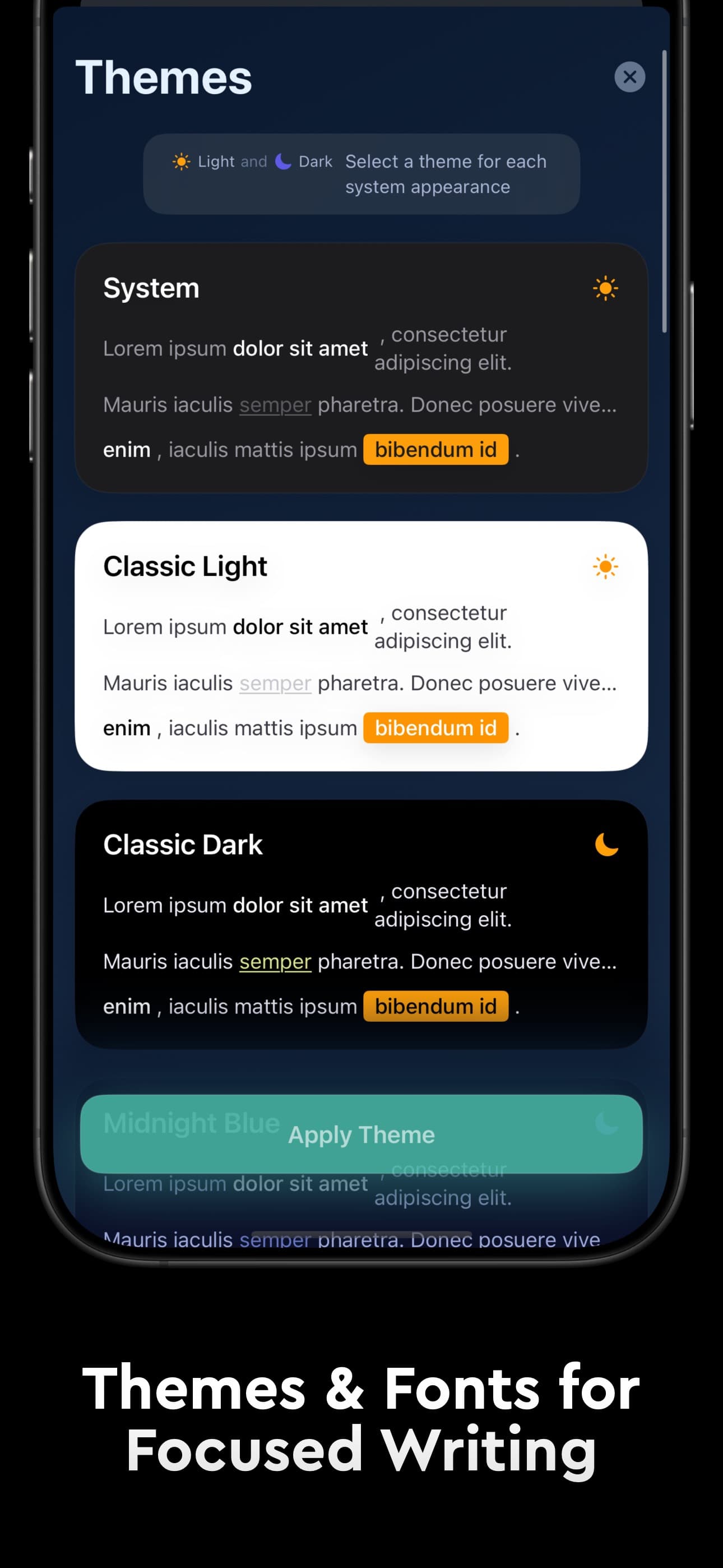 Themes and fonts for focused writing