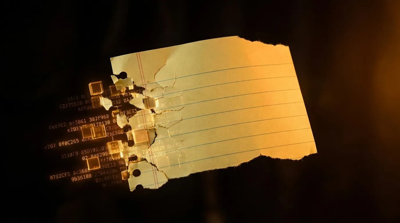 Apple Notes yellow paper texture half-dissolved into encrypted hex characters, warm amber on dark background.