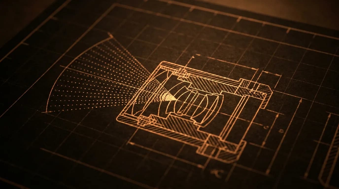 Blueprint schematic of the iPhone TrueDepth array with glowing dot projection