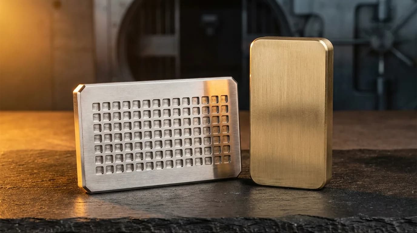 Stainless steel seed plate and brass iPhone silhouette on dark slate