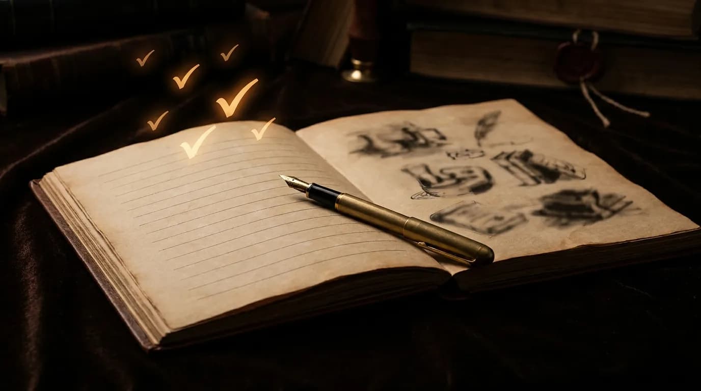 A neatly arranged checklist on aged parchment with brass-tipped fountain pen and glowing amber checkmarks.