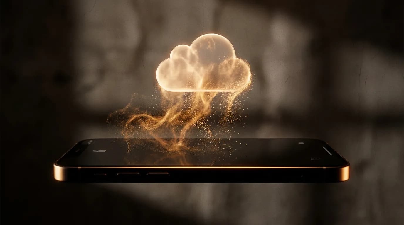 A glowing iCloud icon dissolving into golden particles above a locked iPhone silhouette, amber tones on dark background.