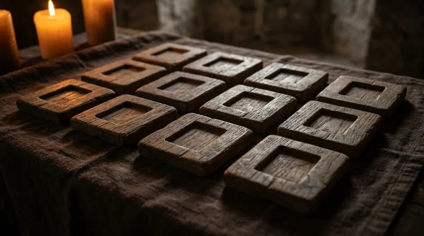 Twelve weathered wooden tiles arranged in a 3x4 grid on dark linen with warm amber light.