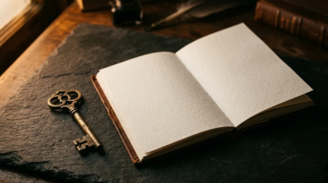 A key ring next to a locked notebook — credentials and content, two different vaults