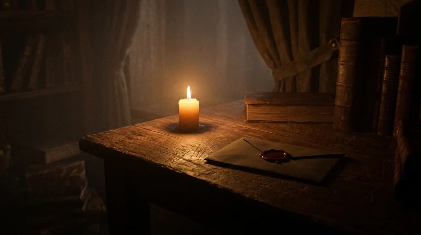 A single dimming candle beside an unopened wax-sealed letter on weathered oak, somber amber light fading to shadow.