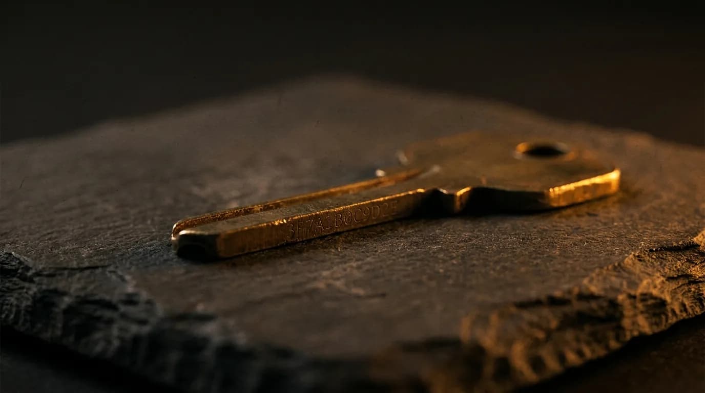 A single brass key resting on dark slate with faint hex digits etched along the bond