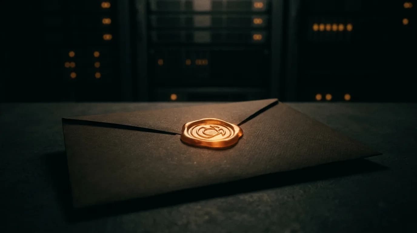 Sealed envelope with glowing wax seal on a server rack silhouette